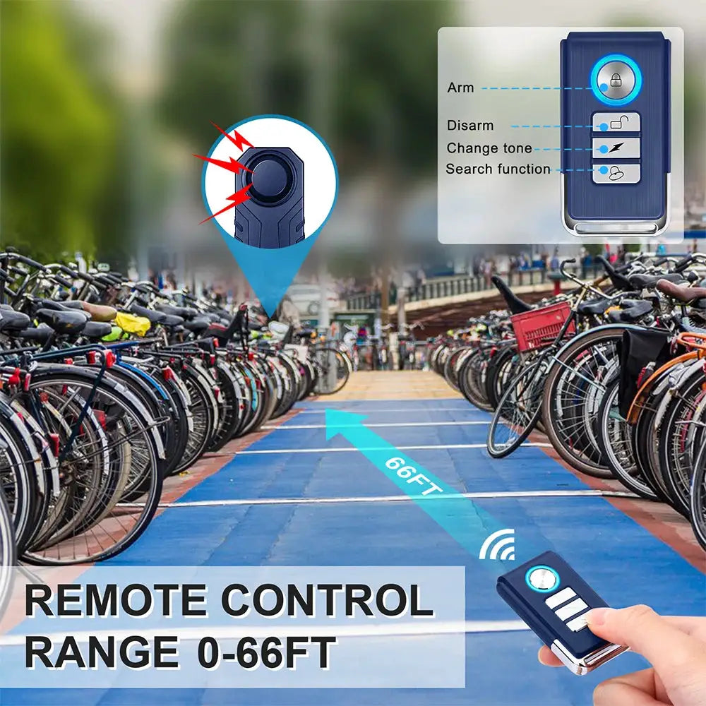 113dB bike anti-theft alarm with wireless remote for electric scooter, blue remote with vibration sensor, 0-66ft range.