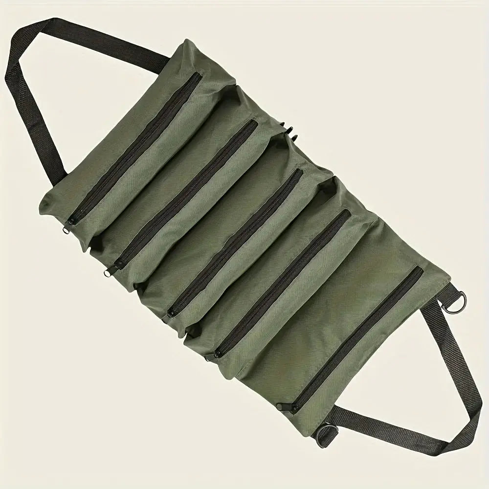 Simples Market olive green roll-up tool bag with multiple zip pockets for portable organization