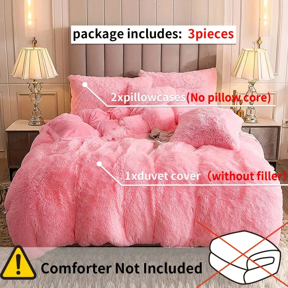 3-piece pink plush duvet cover set by Simples Market with 2 pillowcases and 1 duvet cover; comforter not included.