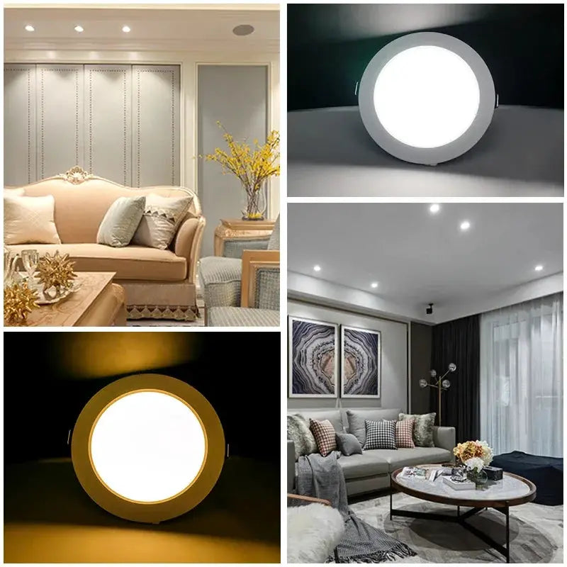 Simples Market LED round recessed downlight panel; white frame, indoor lighting shown in four living spaces