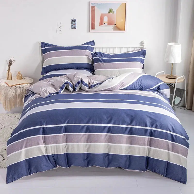 Simples Market 3pc 100% cotton striped duvet cover set with blue, beige and lavender stripes; includes 1 duvet cover and 2 pillowcases