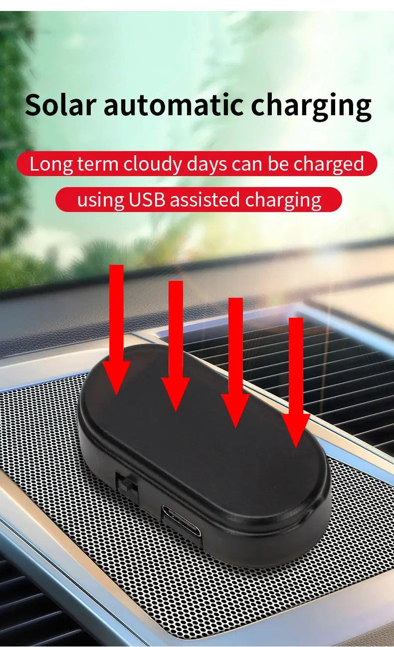 2-pack solar powered car security lights, black oval modules with USB charging port for anti-theft flashing