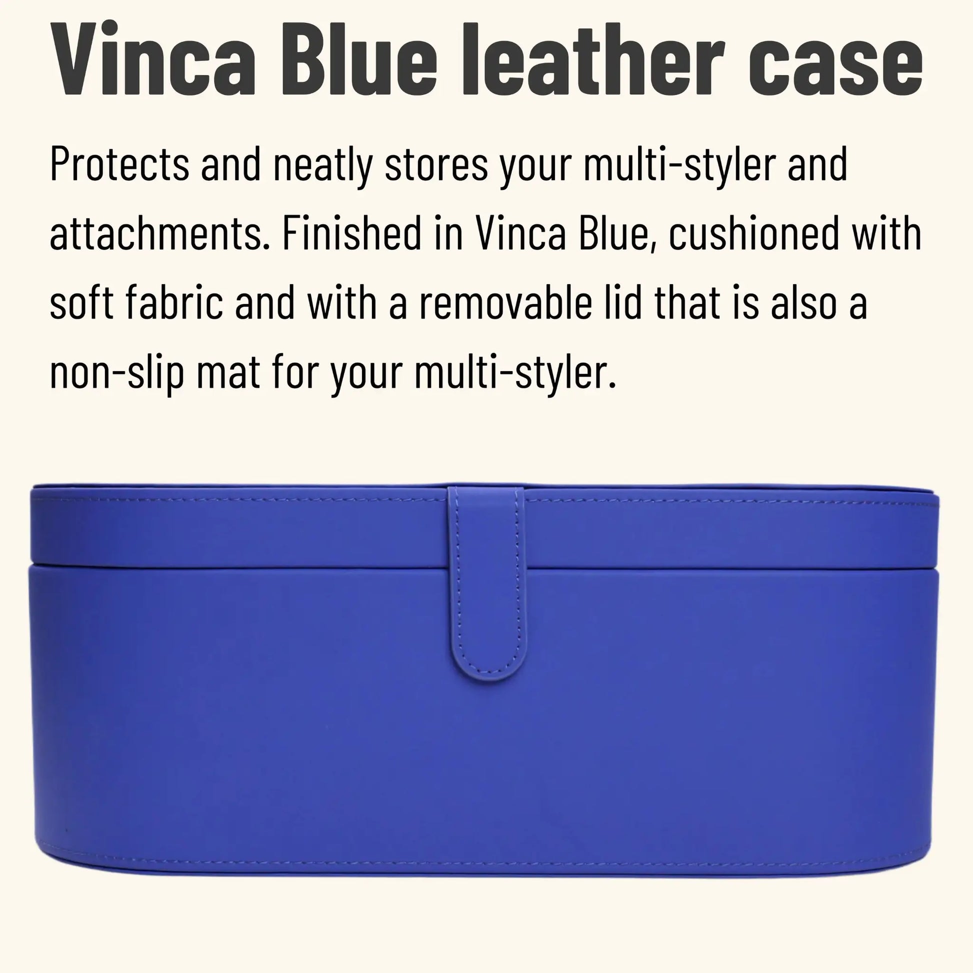 Blue leather case with stitching and strap closure.