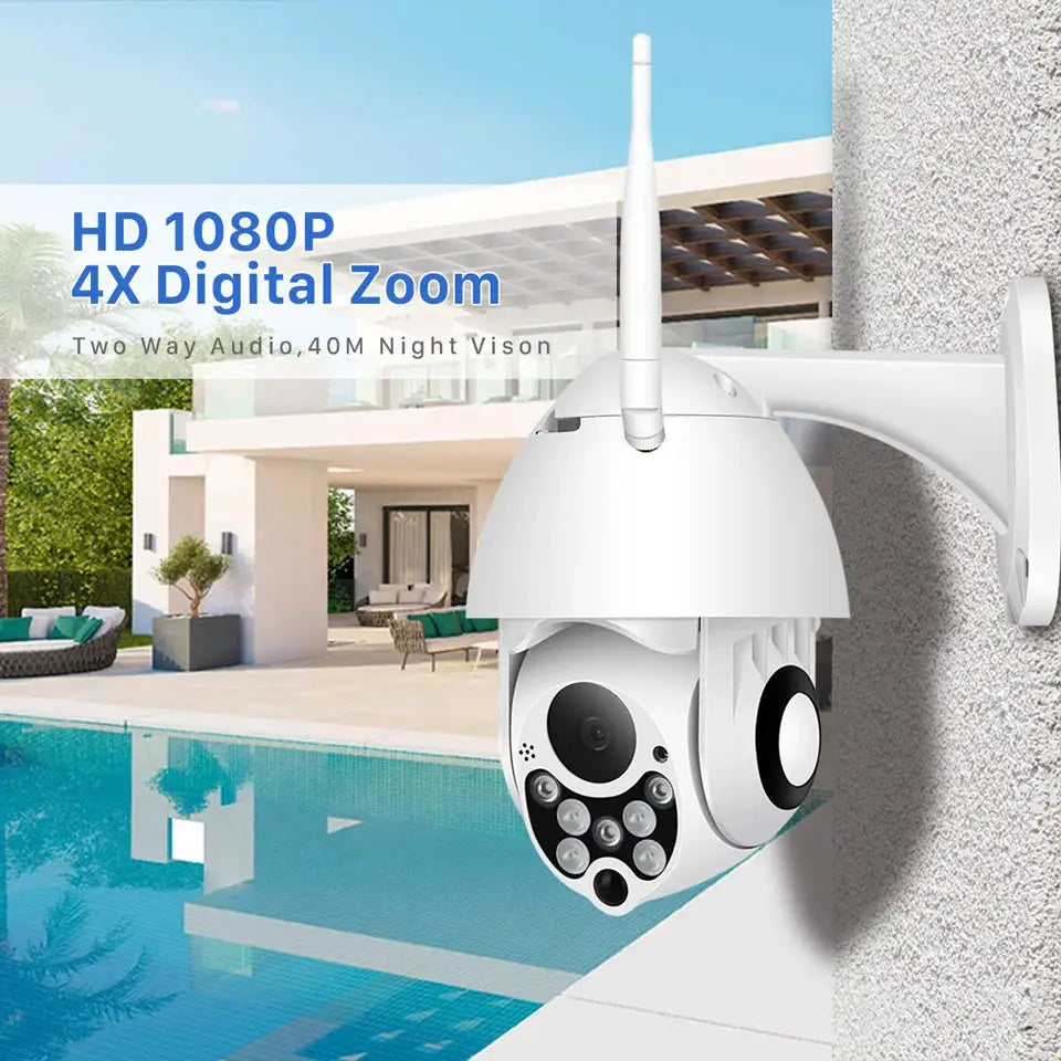 YCC365 Plus PTZ Outdoor Wifi Camera, 1080P HD CCTV with 4x Zoom, white wall-mount security camera