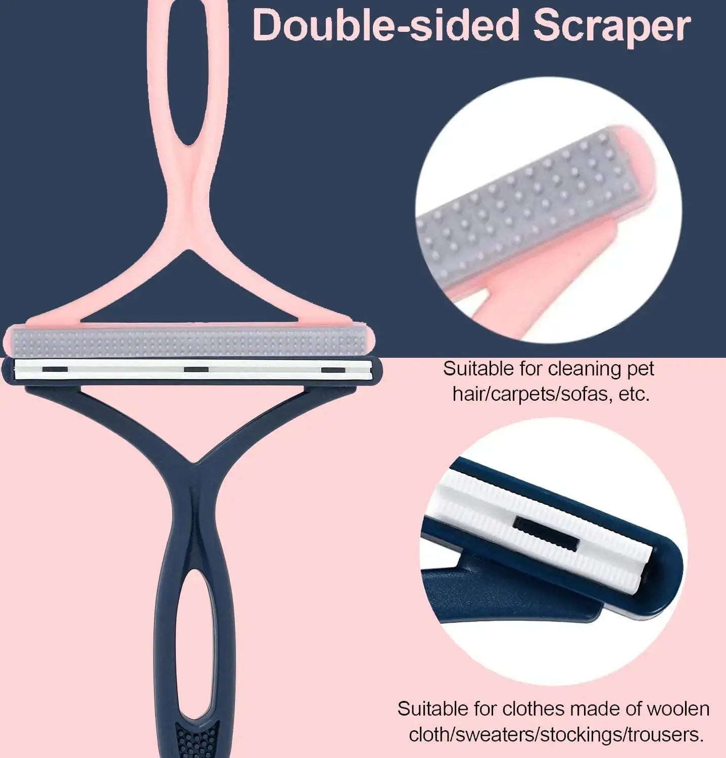 Pet hair remover silicone double-sided lint scraper with pink handle by Simples Market for clothes and carpets