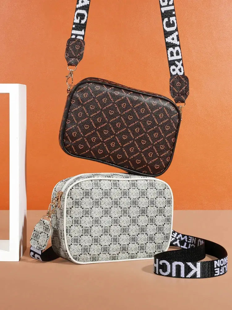 Simples Market two crossbody bags: brown heart-pattern mini bag and grey geometric mini bag with straps