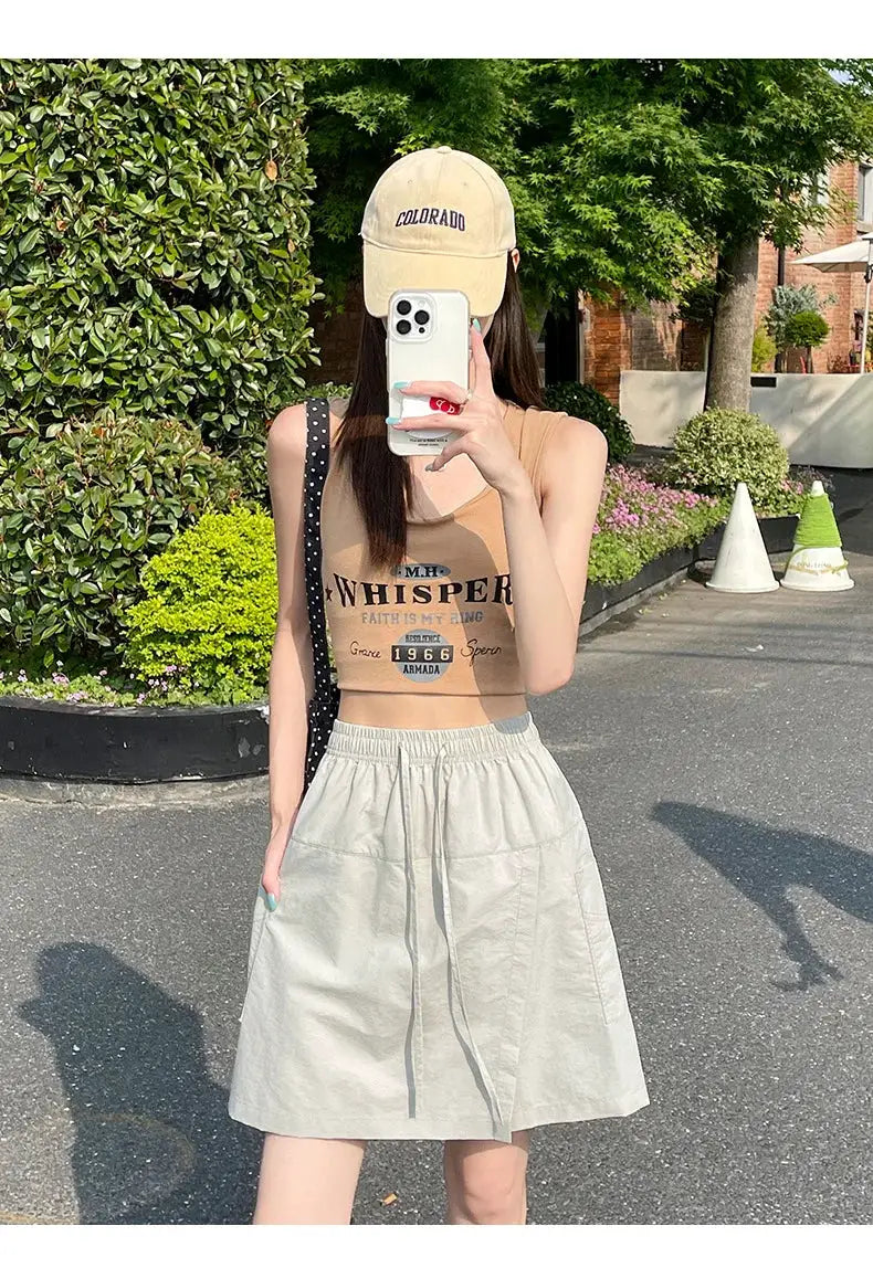 Simples Market fake 2-piece shorts-skirt set for women, high-waist light-gray A-line mini skirt with side slit