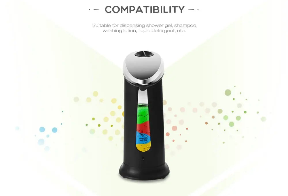 Automatic 400ml touchless liquid soap dispenser with black ABS body and silver top, for bathroom or kitchen.