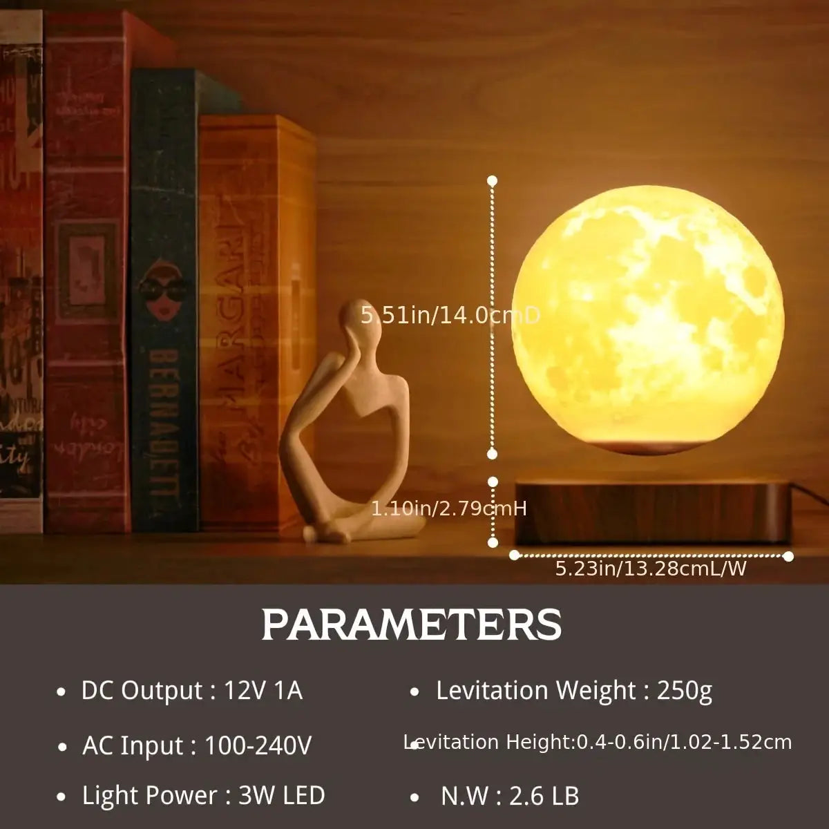 Floating magnetic moon lamp with wooden base by Simples Market, 3-color temperature LED night light