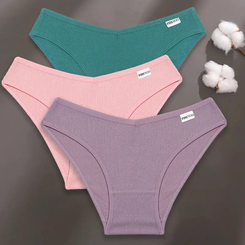 FINETOO 3-piece ribbed cotton panties set for women in teal, pink, and lavender