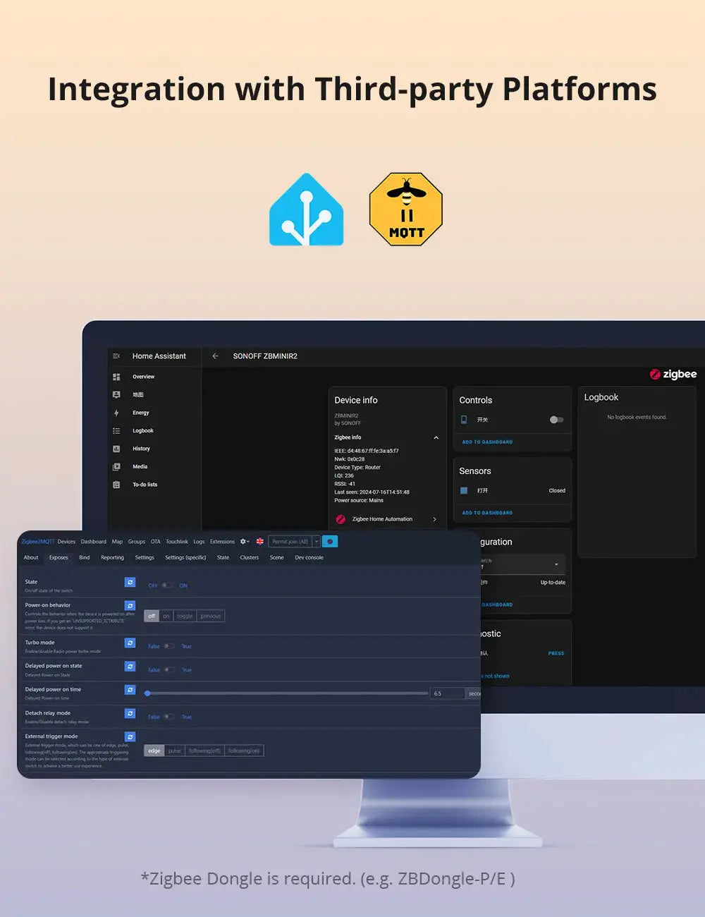 SONOFF ZBMINIR2 Extreme Zigbee Smart Switch with relay; eWeLink remote, shown with Home Assistant dashboard and Zigbee logos