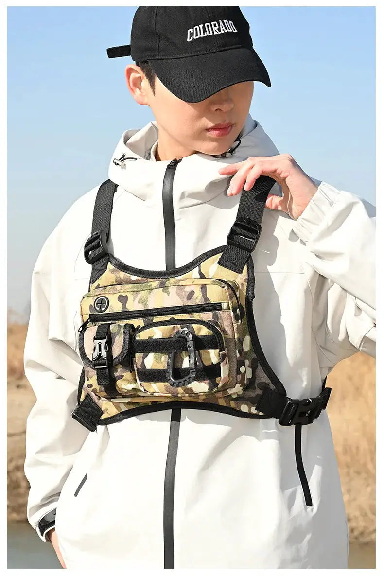 Outdoor Tactical Chest Bag for Men in camouflage with multiple pockets and adjustable straps.