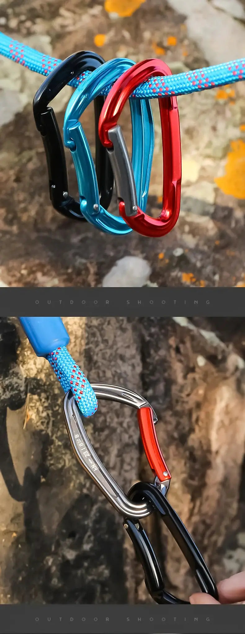 CLIWIZ SGM7118 curved D-style climbing carabiner set of four in black, blue, and red aluminum