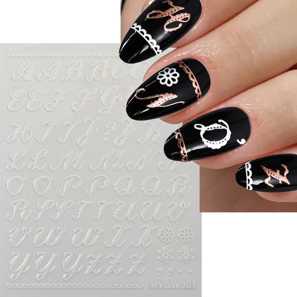 1pc 3D Roman letter nail stickers sheet with metallic gold/rose-gold accents for black manicures