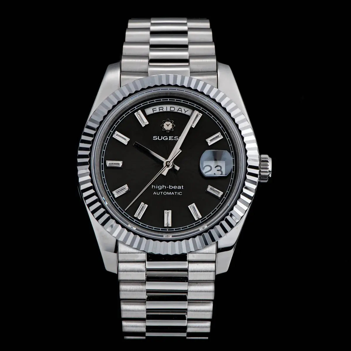 Sugess men's 40mm stainless steel watch with black dial, date-day window, automatic movement