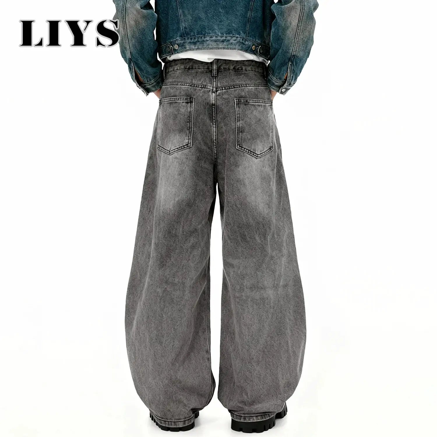Jeans LIYS gray washed wide-leg denim with back pockets, casual streetwear style