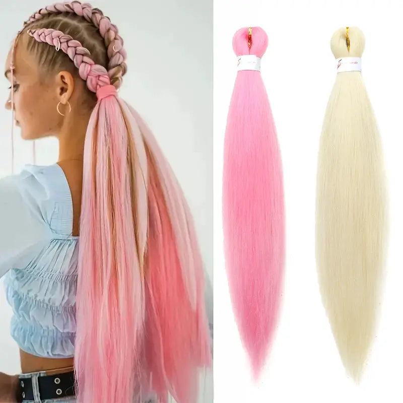 WIGSIN 20-inch synthetic pre-stretched yaki EZ box braiding hair; pink and blonde bundles, shown in a long braided style.