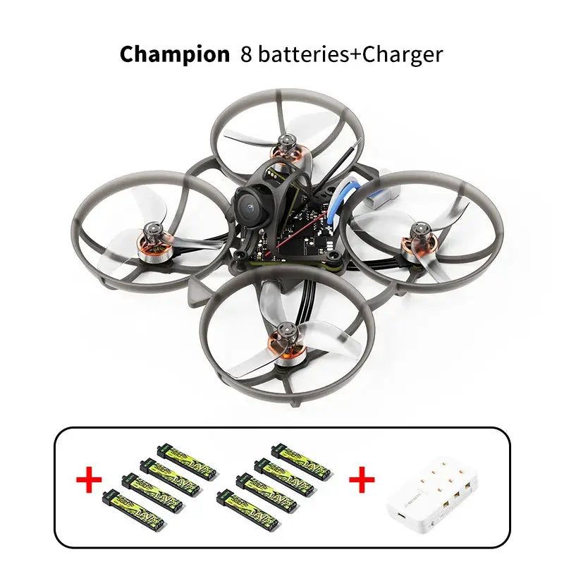 Betafpv Air75 II ultralight racing quadcopter with grey prop guards; includes 8 Champion batteries