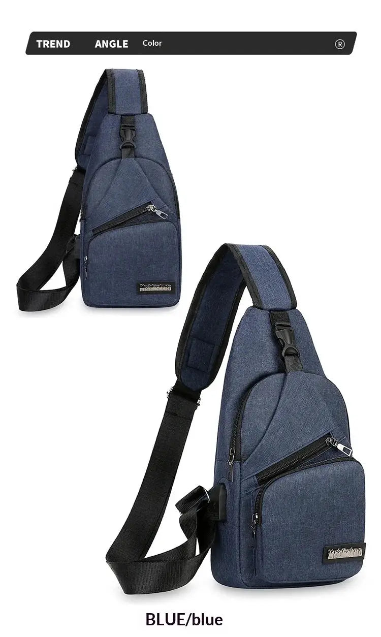 Men's blue canvas chest bag Simples Market with adjustable strap and front zip pockets.