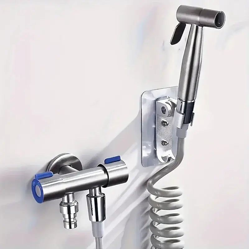 1 Inlet and 2 Outlet Dual Control Handle Stainless Steel Angle Valve, Simples Market blue-handled, wall-mounted.