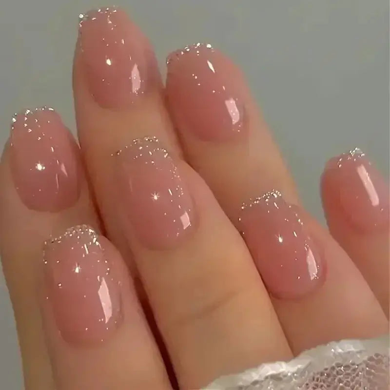 GlamNail Pro 24Pcs Short Square Coffin Press On Nails Set With Glue French Glitter Ballet Style