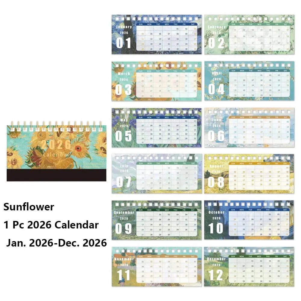 Sunflower 2026 desk calendar by Simples Market with vintage painting design and monthly memo notes