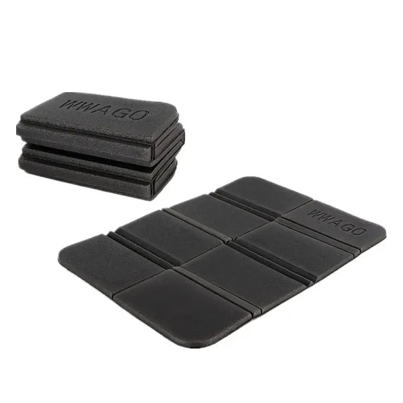 Foldable XPE foam outdoor mat; black moistureproof picnic and camping seat cushion, shown folded and unfolded.