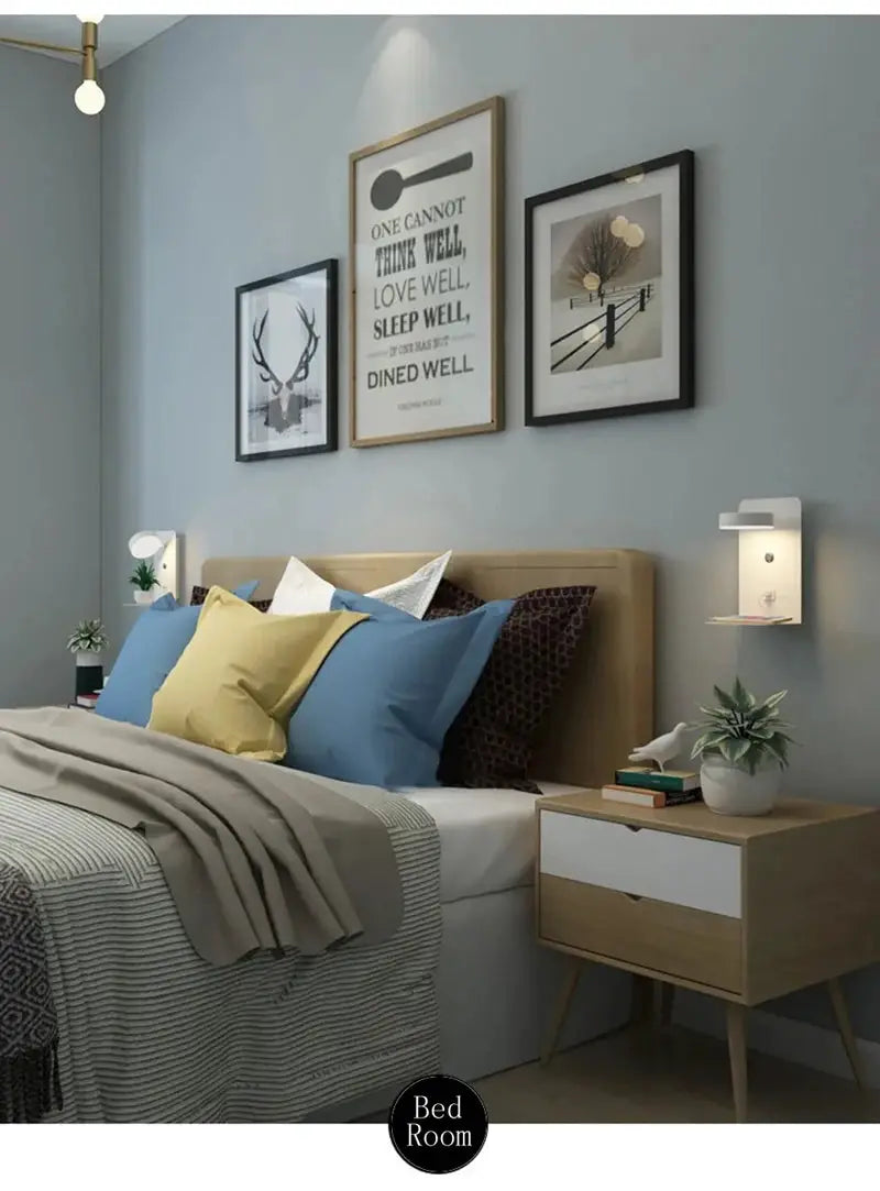 Pair of bedroom LED wall lamps with USB charging, modern white wall sconces beside bed on gray wall