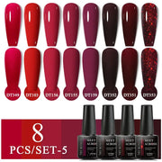 MEET ACROSS 8-Piece glitter gel nail polish set by Simples Market in red, pink, orange, purple hues.