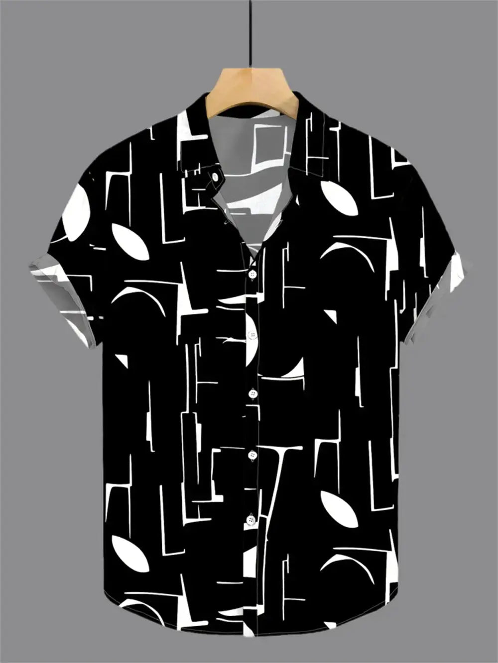 Men's short-sleeve button-down shirt in black with white abstract geometric print