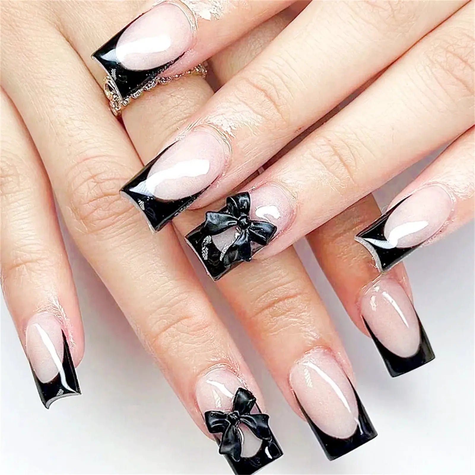 LuxeNail White French Press On Nails 3D Bowknot Full Cover Tips Durable 24Pcs DIY Manicure Set