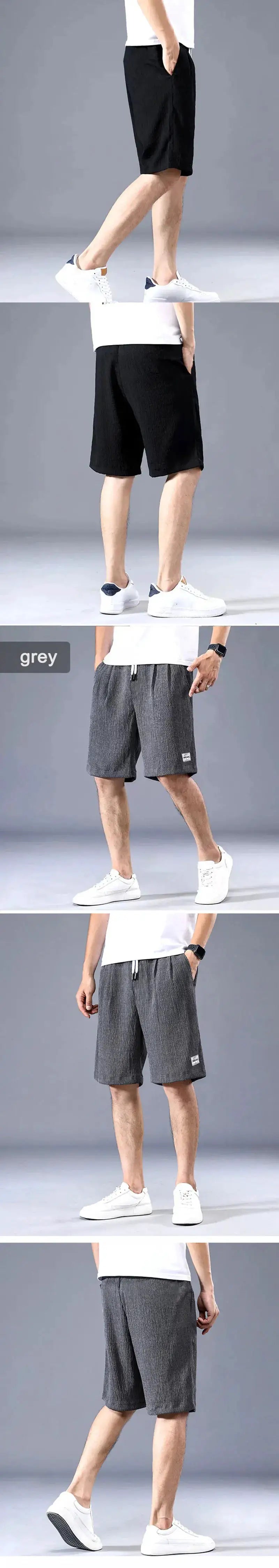 Simples Market Lce Silk Shorts for men, thin cropped sport shorts with loose straight leg in black/grey, breathable