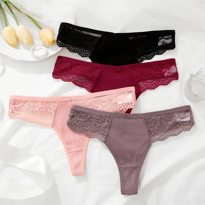 Women's cotton lace thong set in black, burgundy, pink, and gray