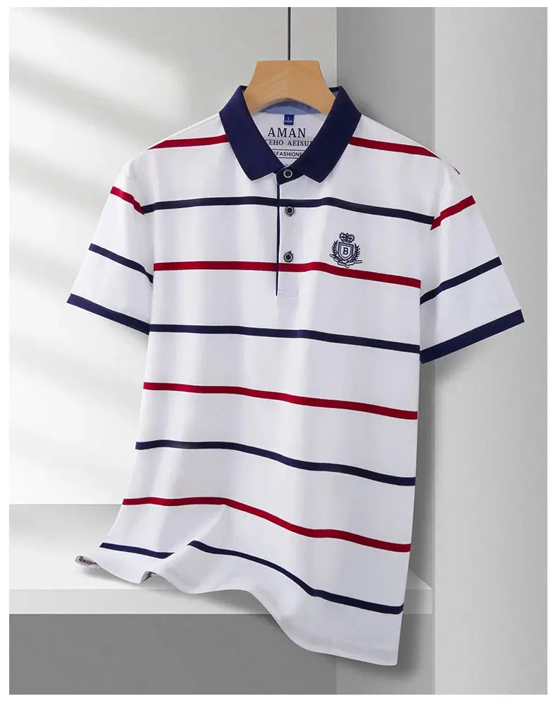 Men's polo shirt with white base and red and navy horizontal stripes, navy collar and subtle crest embroidery.