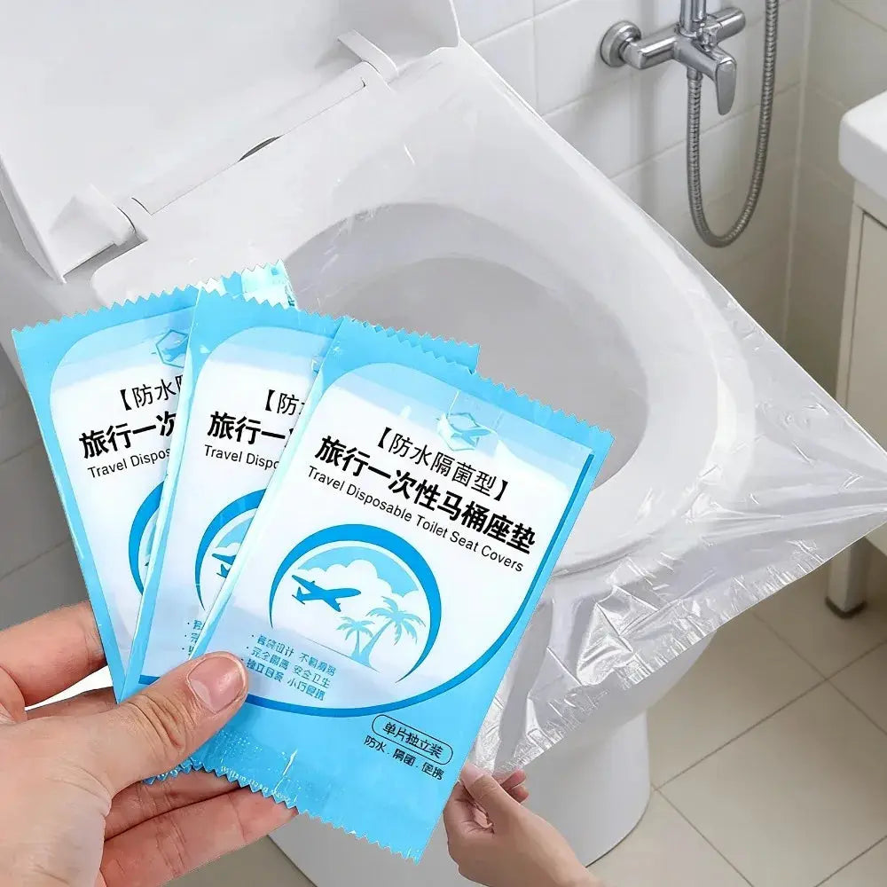 Toilet seat covers by Simples Market; blue travel disposable covers, 3 packs displayed near a bathroom toilet.