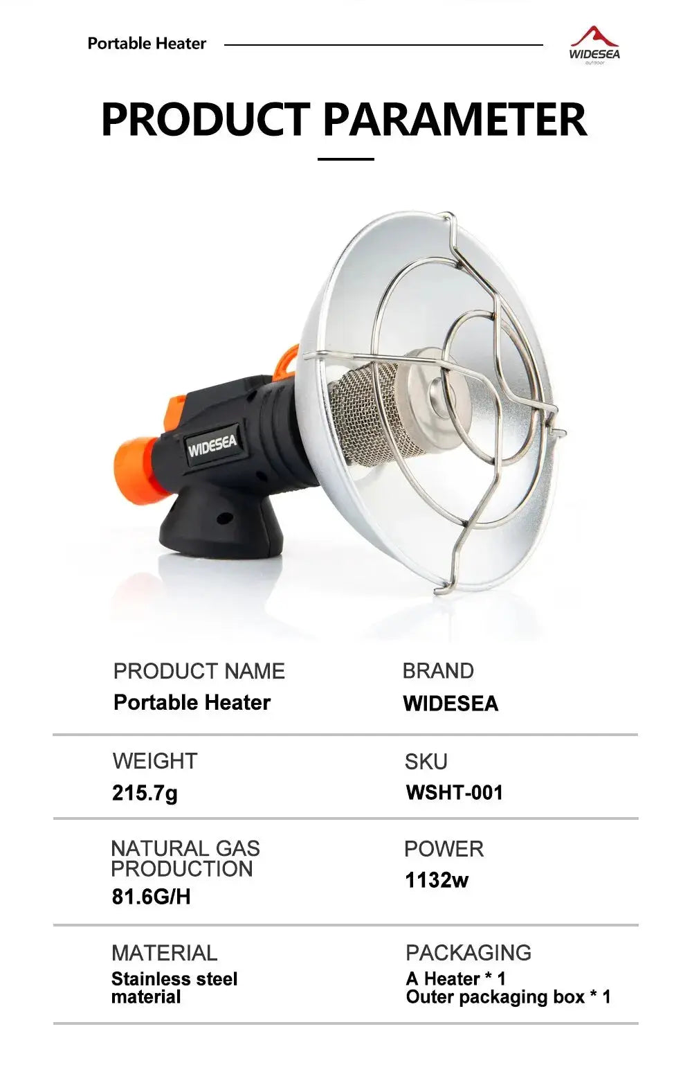 Portable heater by WIDESEA with stainless steel reflector dish, black body and orange control knob for winter use