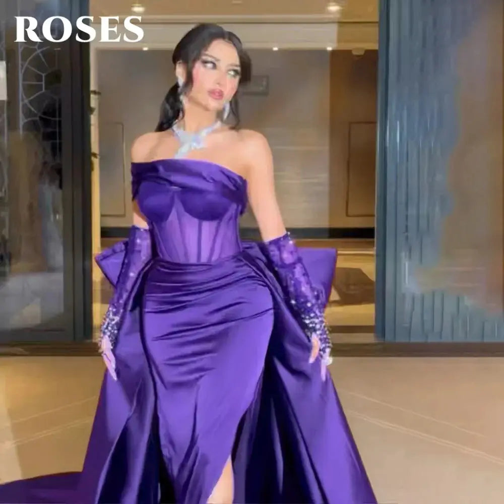 Roses Burgundy Mermaid Prom Dress One Shoulder Beading Bow Sleeve