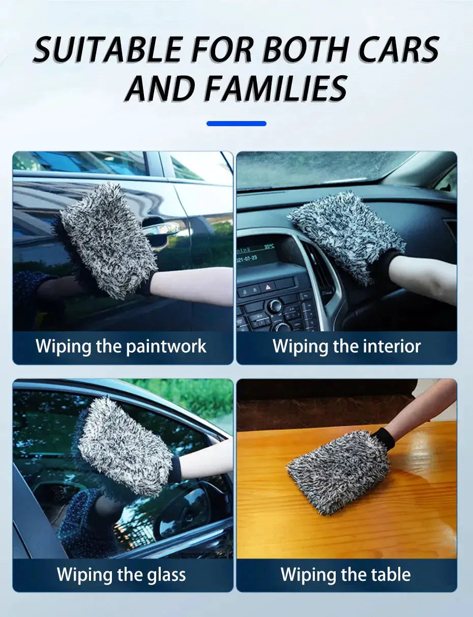 SEAMETAL plush gray car wash mitt with non-slip handle for wheels, rims, glass and interior cleaning