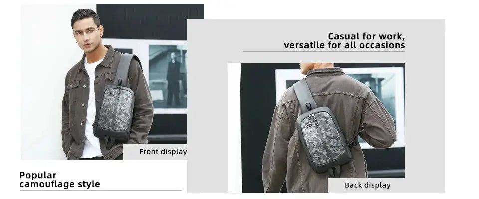 HK anti-theft men's crossbody bag by Simples Market, gray camouflage Oxford fabric with USB and multiple pockets