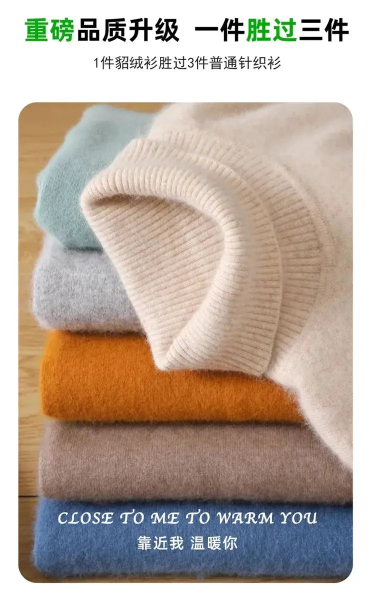 Men's mink velvet cashmere sweaters in cream, gray, orange, taupe and blue stacked together