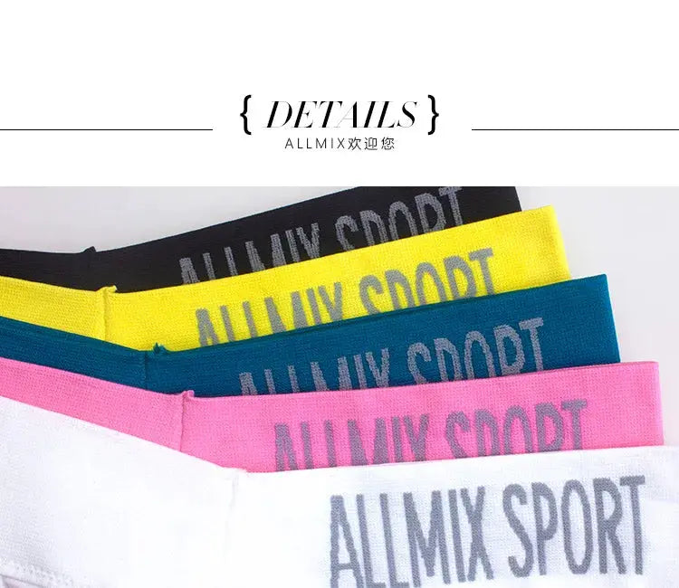 Five-pack of women's thongs with elastic wide waistband and ALLMIX SPORT logo on the band.