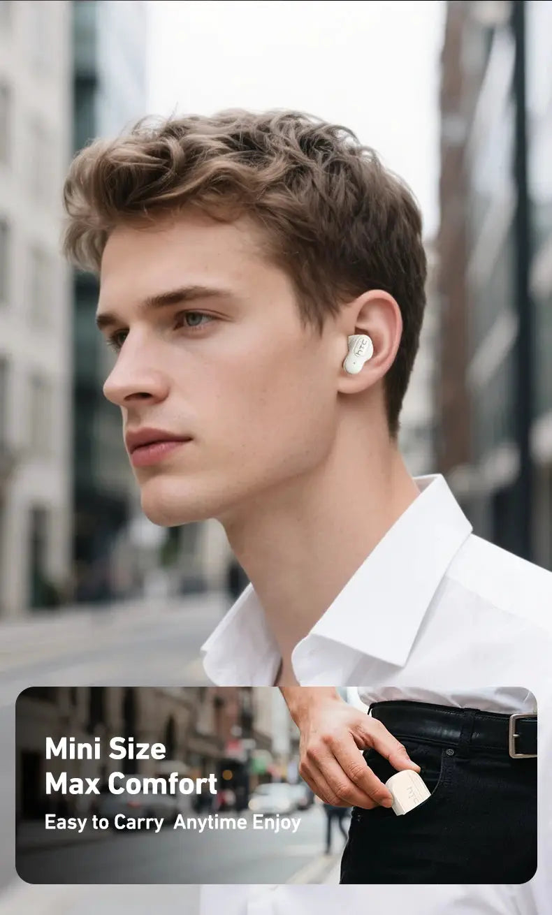 HTC NE51 TWS mini wireless earphones in white with HTC logo visible