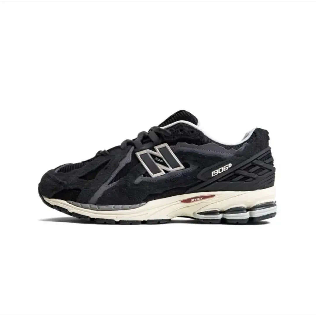 Black retro dad sneakers with white midsole, N logo, 1906D detail, unisex casual running shoes