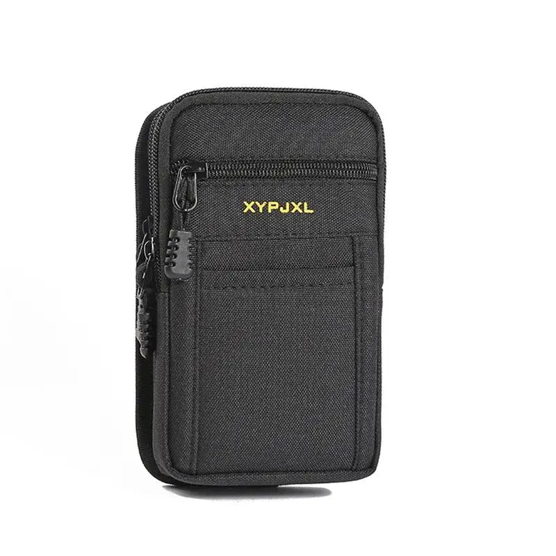 Men's black nylon waist pack with front zip pockets and XYPJXL logo.