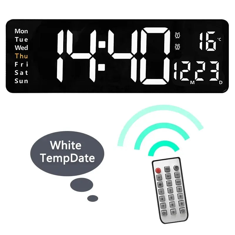 Large black digital wall clock with week display, date and temperature readouts, plus remote control.