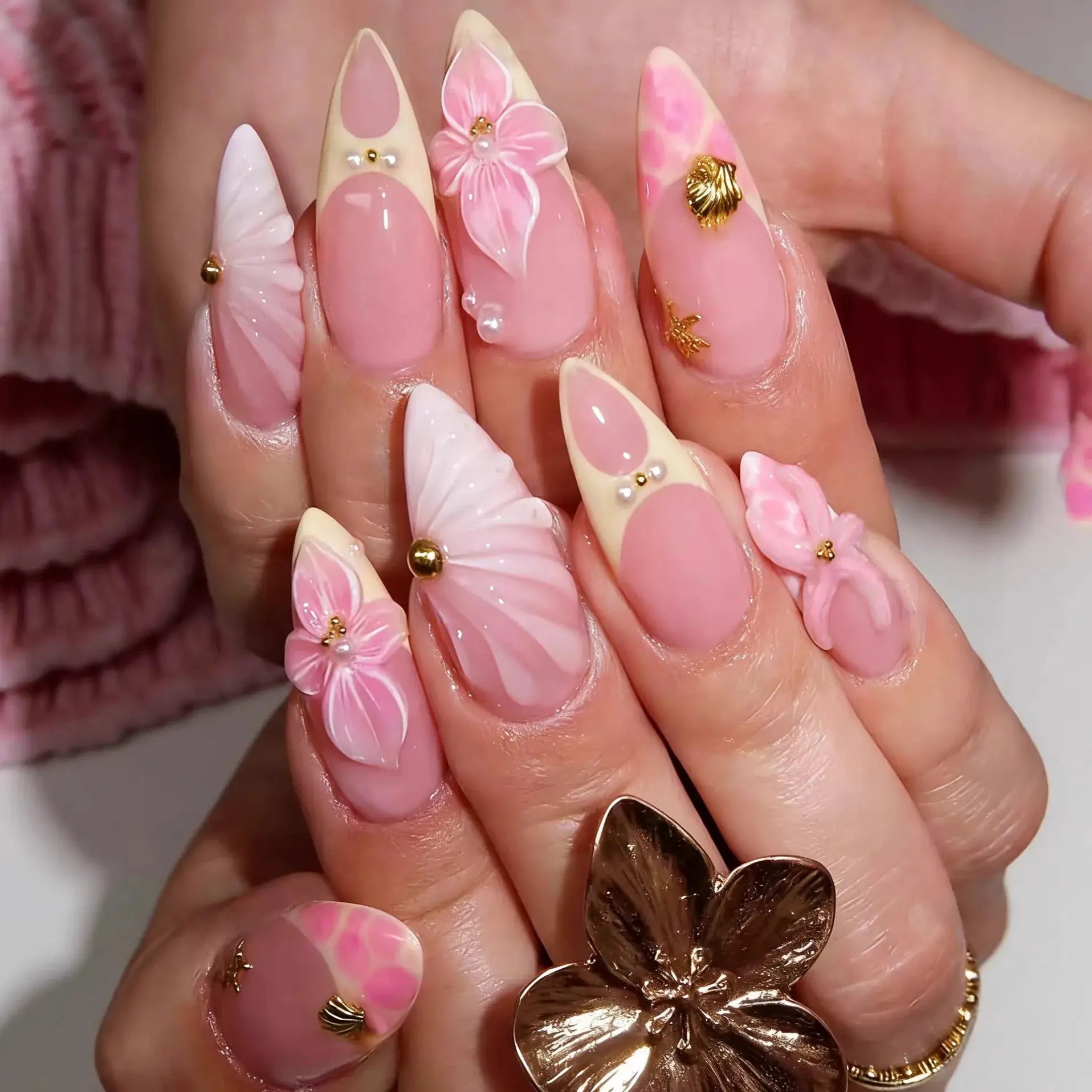 GlamNail Pink Almond Press On Nails Full Coverage Carved Flower 3D Ripple French Tips Golden Pearl Finish