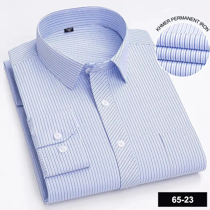 Men's long sleeve shirt by Simples Market; light blue striped fabric with single chest pocket and button-down collar.