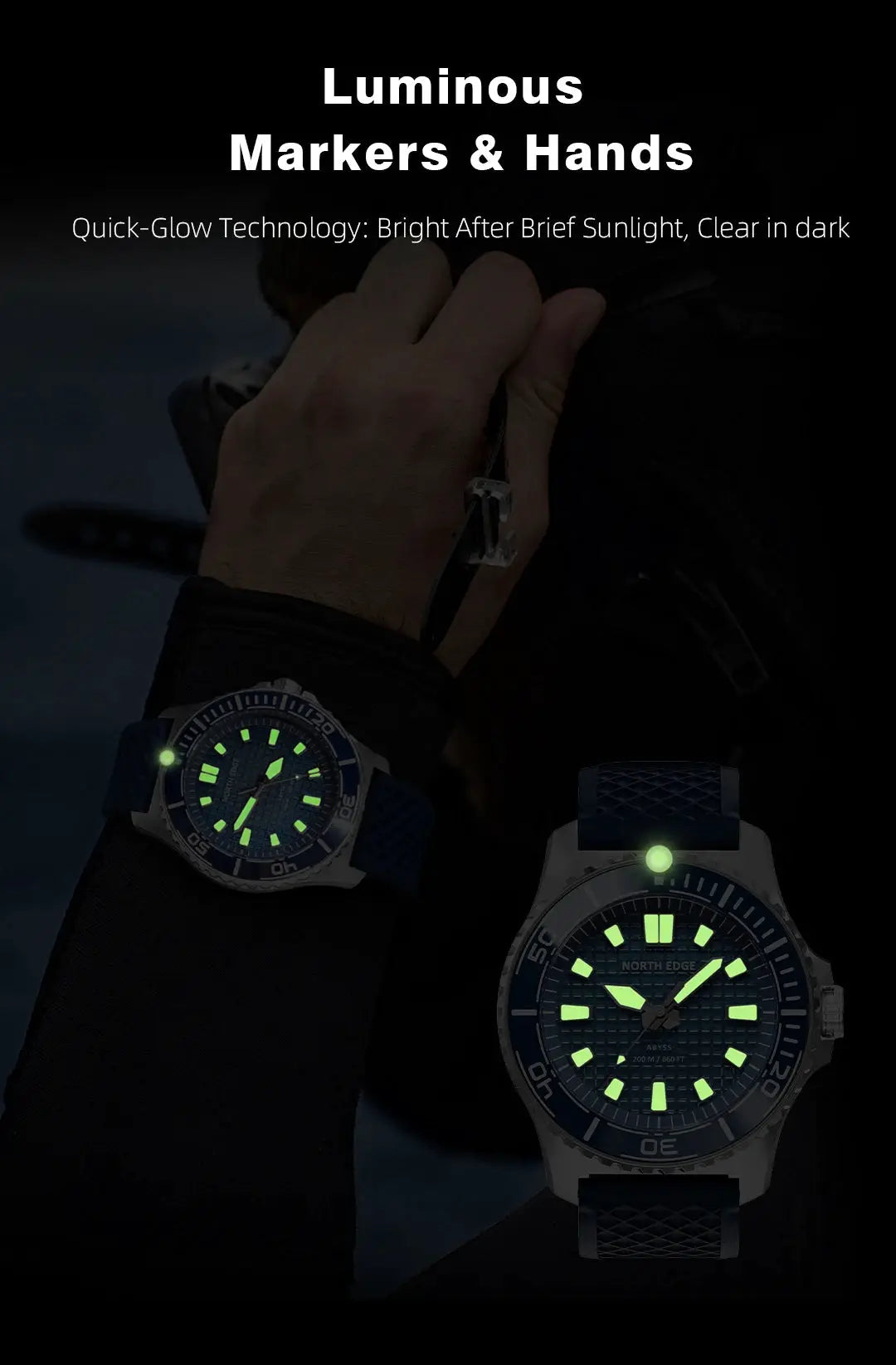 North Edge Abyss diver watch with luminous green markers; blue strap, 316L steel case (2 watches shown).