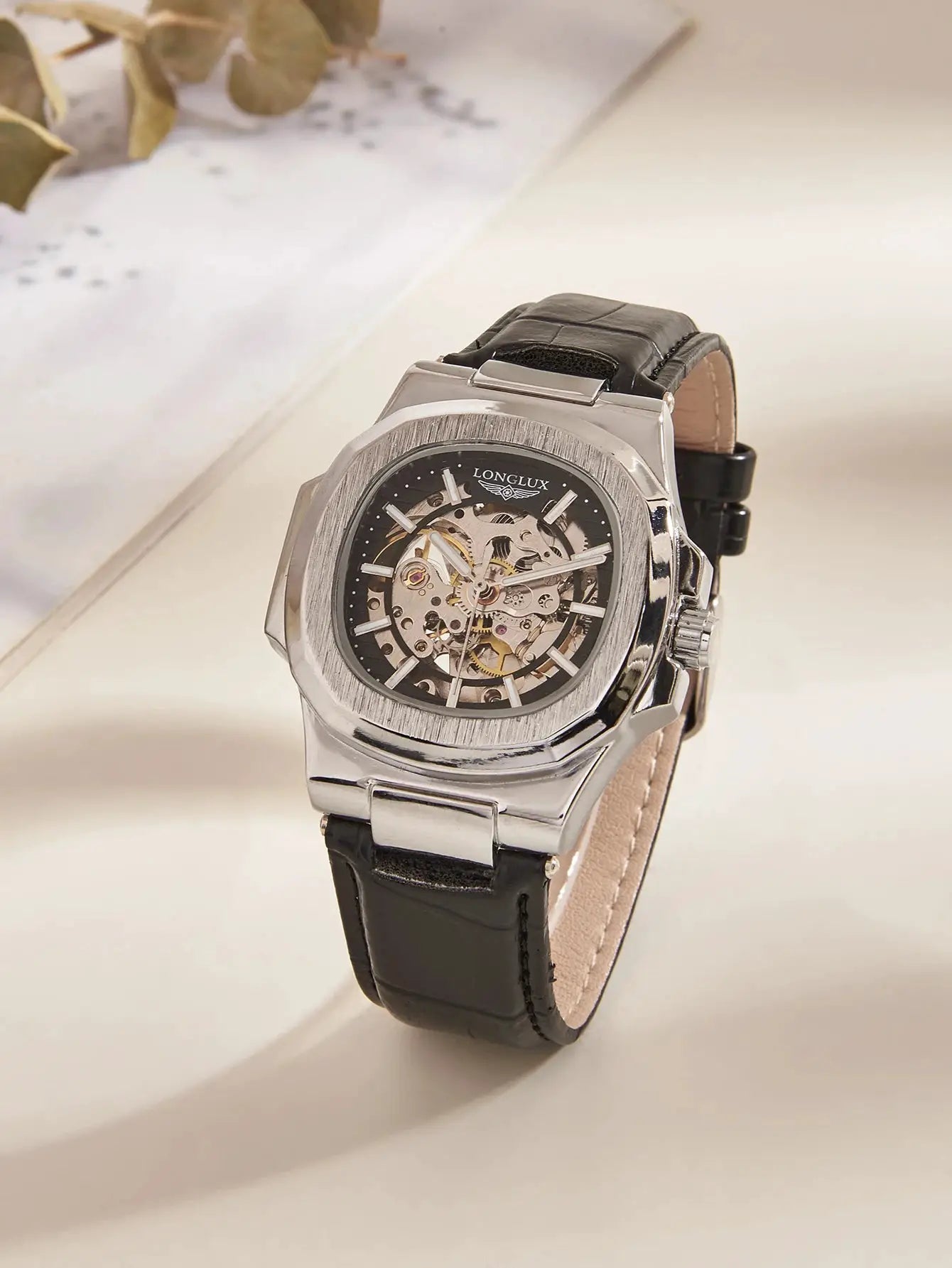 Men's skeleton automatic watch LongLux by Simples Market; silver case, skeleton dial, black leather strap
