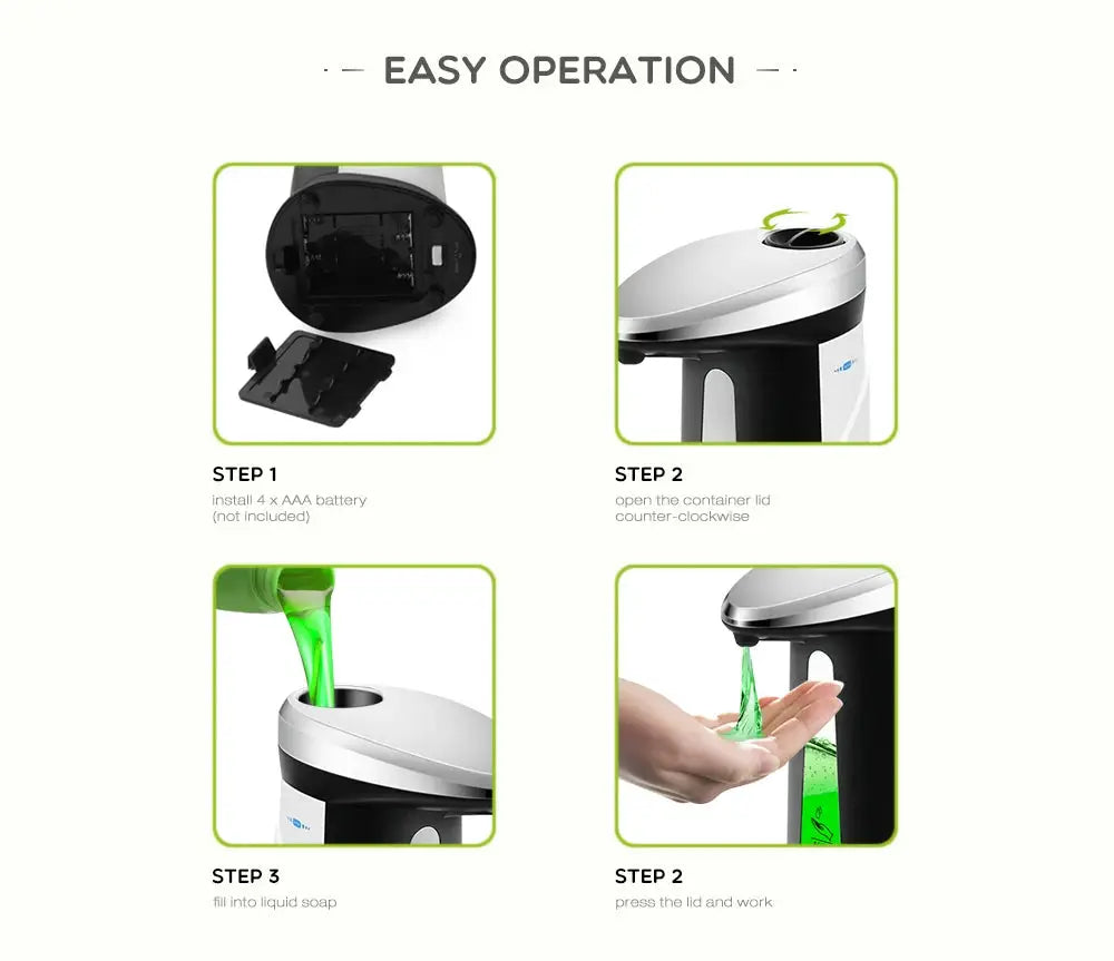 Automatic touchless soap dispenser, white with silver lid; 400ml capacity.